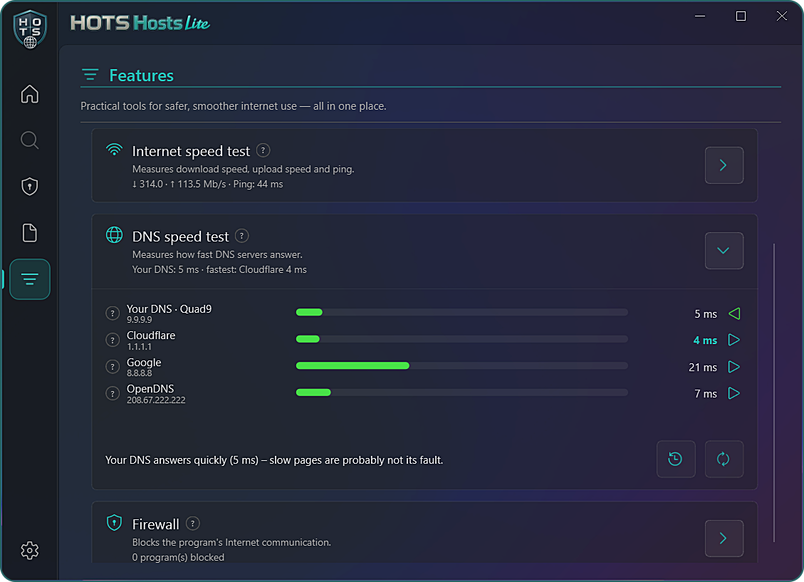 HOTS Hosts Lite — test szybkości DNS