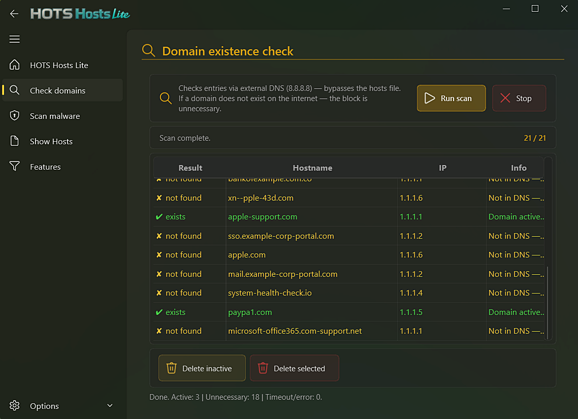 HOTS Hosts Lite — domain existence check