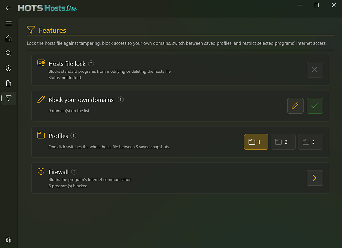 HOTS Hosts Lite — Features tab: hosts lock, custom domains, profiles, firewall