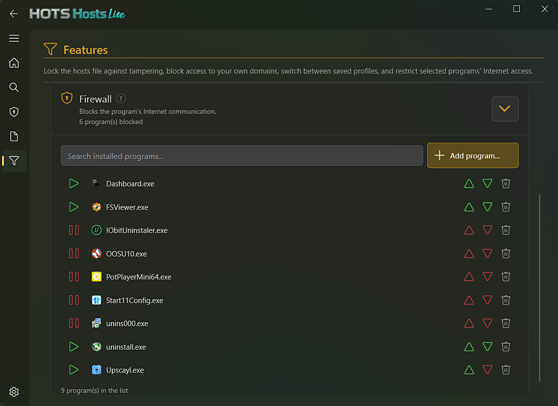 HOTS Hosts Lite — per-app firewall blocking