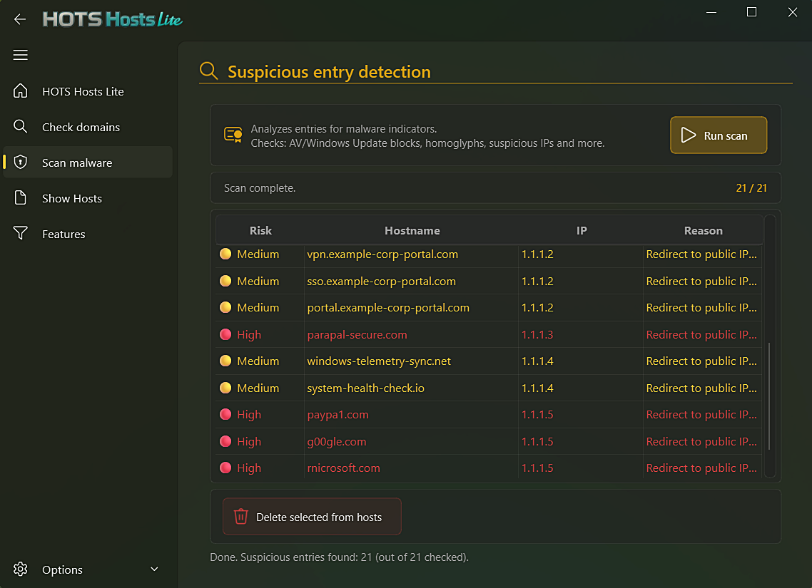 HOTS Hosts Lite — suspicious entry detection