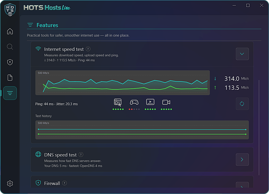 HOTS Hosts Lite — test szybkości internetu