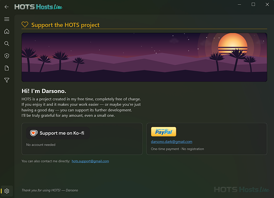 HOTS Hosts Lite — in-app support page