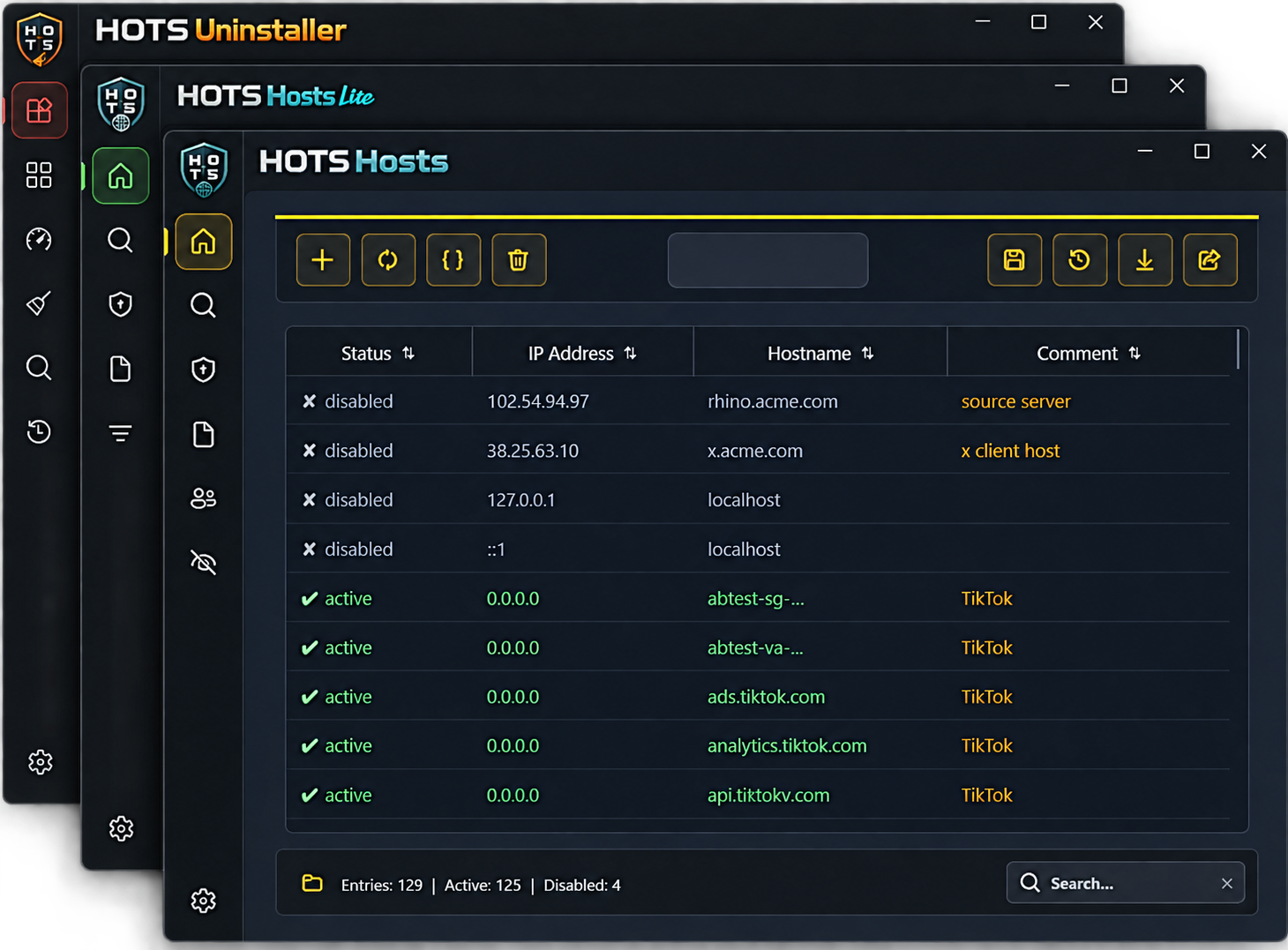 HOTS Hosts na pierwszym planie, za nim HOTS Hosts Lite i HOTS Uninstaller