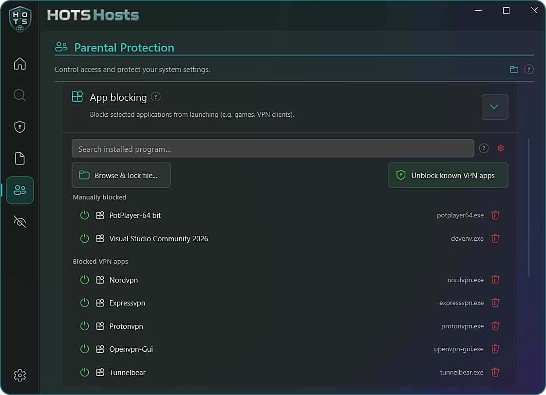 HOTS Hosts Parental Control: application blocking