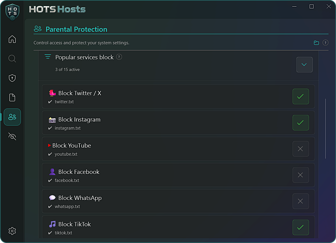 HOTS Hosts Parental Control: popular services block