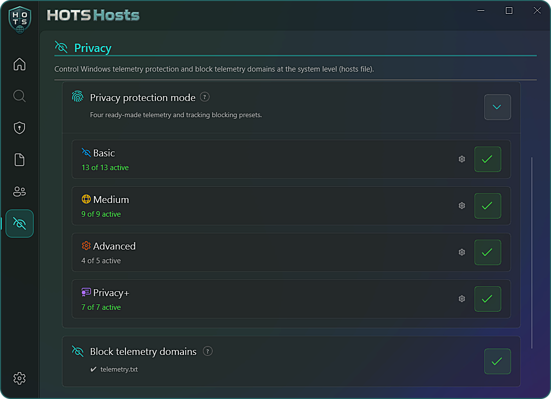 HOTS Hosts Privacy: protection mode with four levels