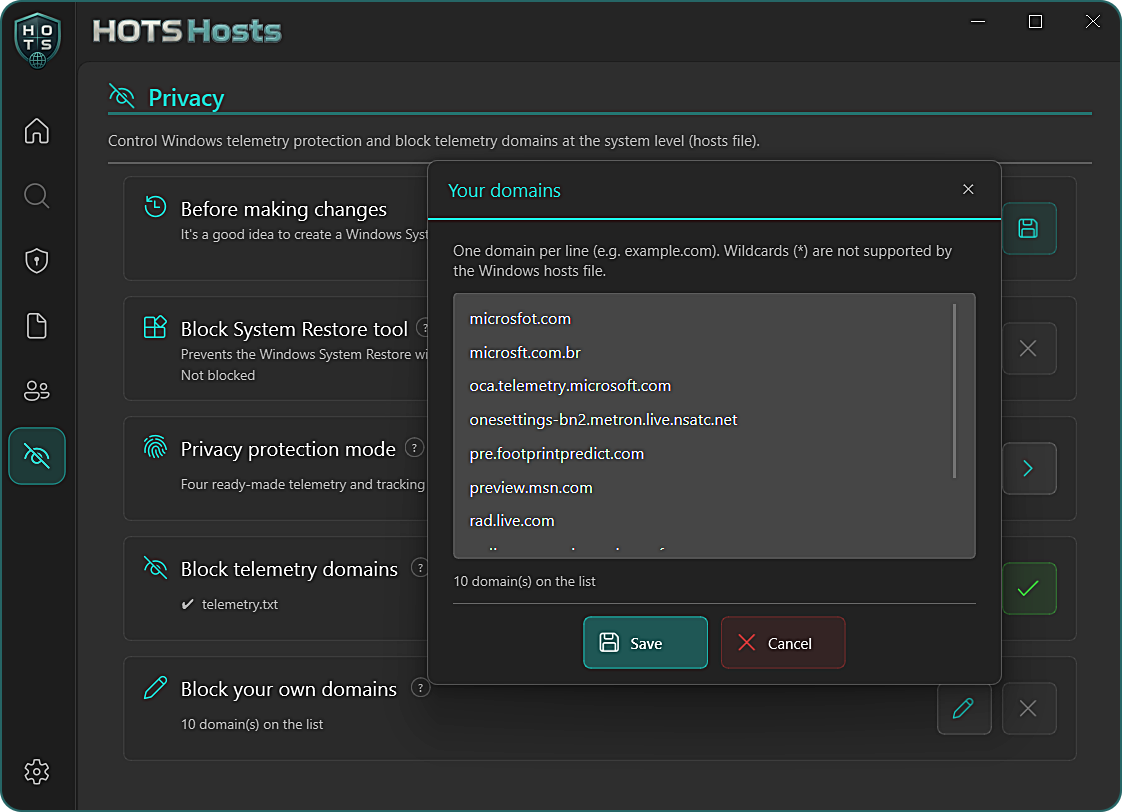HOTS Hosts Privacy: block your own domains
