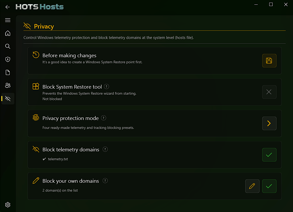 HOTS Hosts — Privacy module with tiered telemetry protection