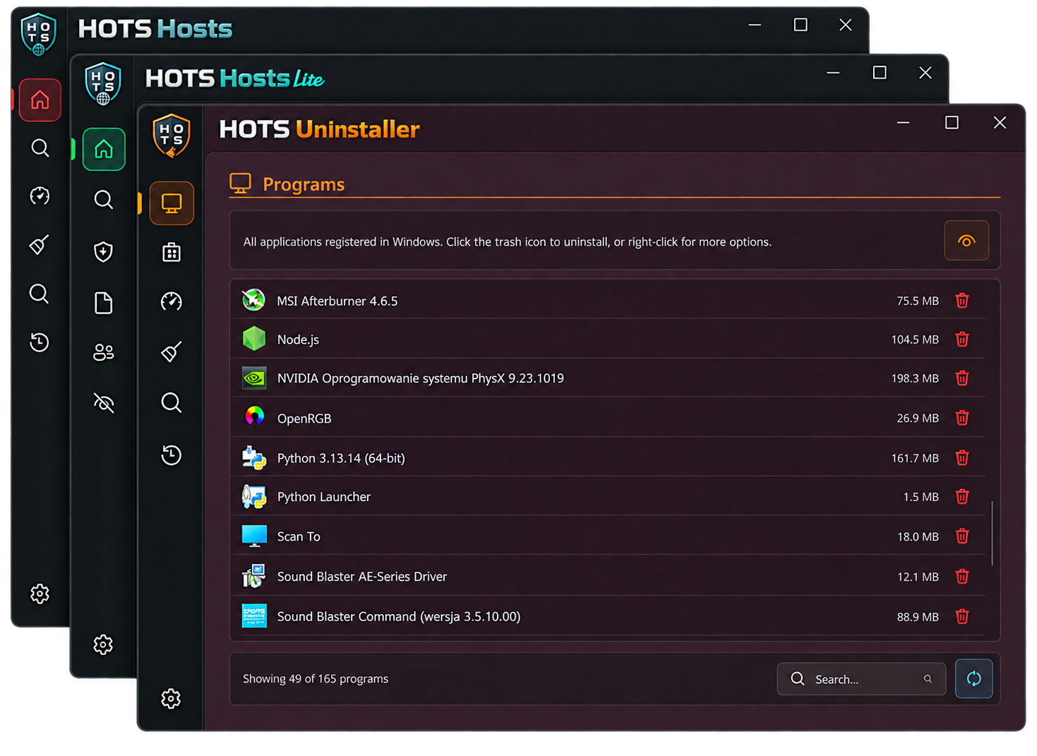 HOTS Uninstaller in front, with HOTS Hosts Lite and HOTS Hosts behind it